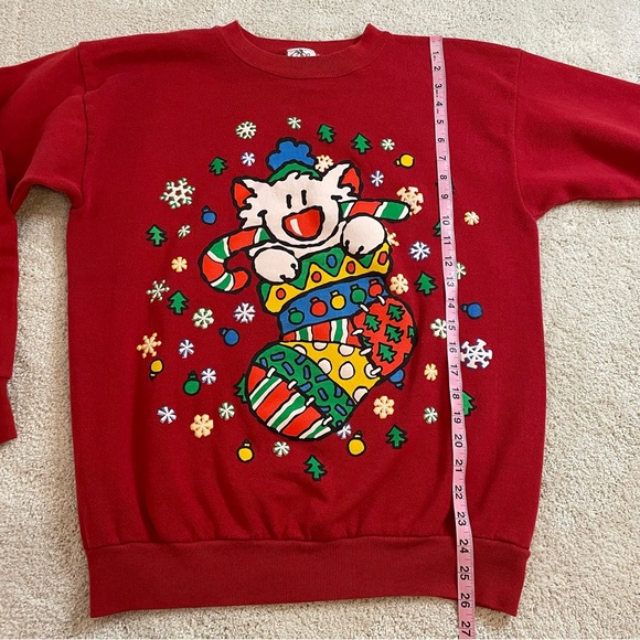 Vintage Christmas Cat Sweatshirt Large Red Ugly Sweater BJ Designer - Picture 13 of 14